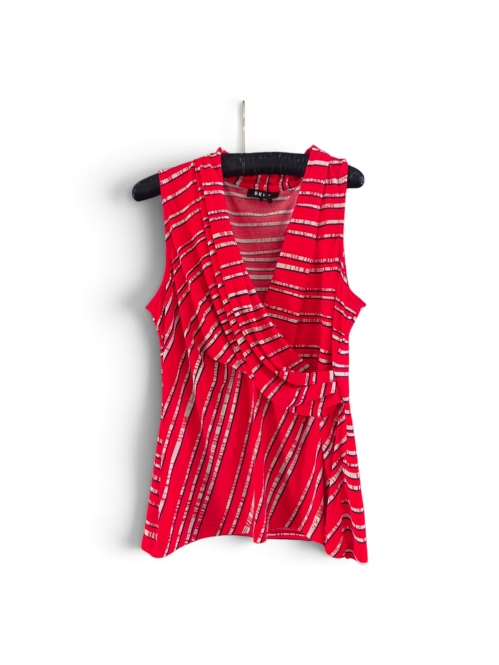 DKNY Red Striped Sleeveless Faux Wrap Top Size L